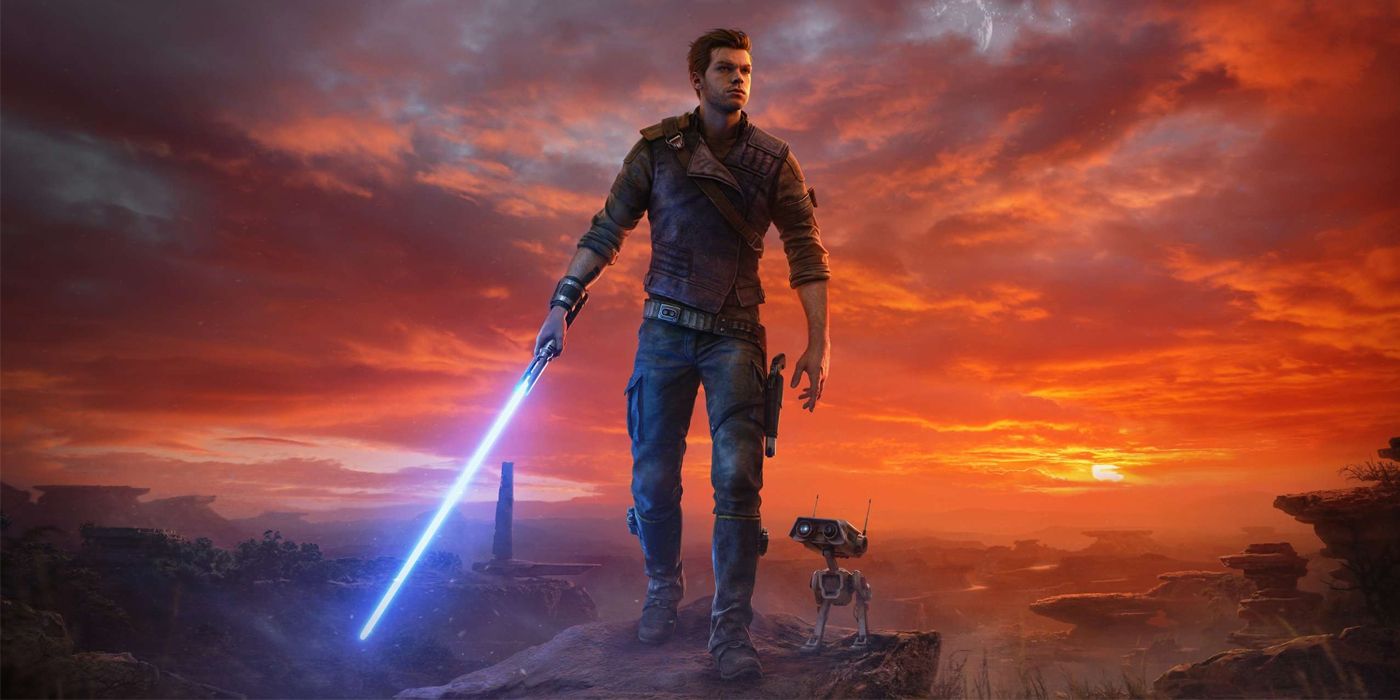Cal Kestis has his lightsaber drawn walking alongside BD-1 at sunset in Star Wars Jedi: Survivor's Cover Art