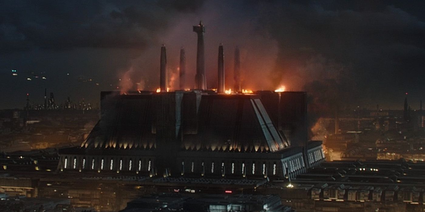 The Coruscant Jedi Temple in flames during Order 66.