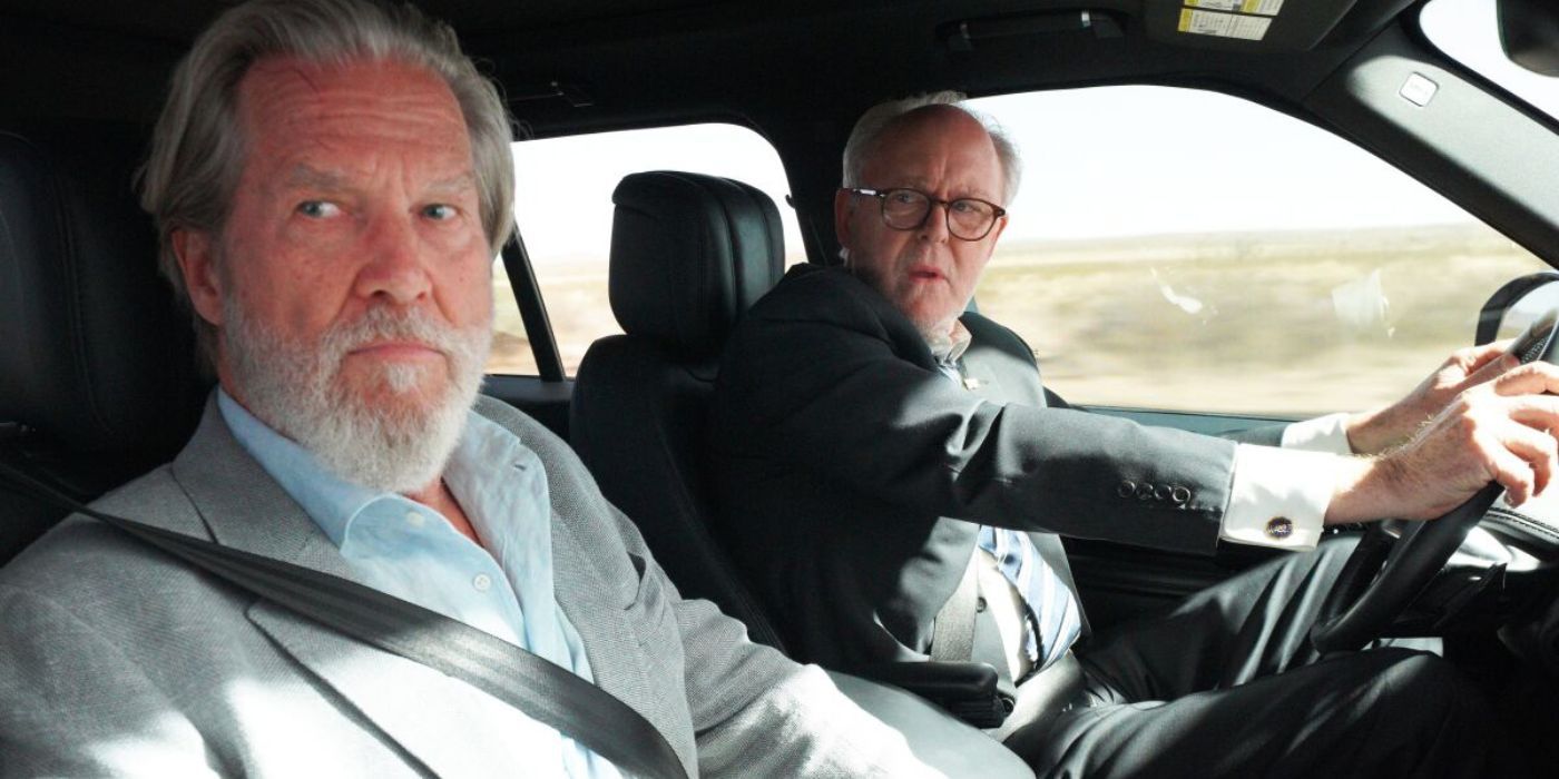 Jeff Bridges and John Lithgow in a car in The Old Man 