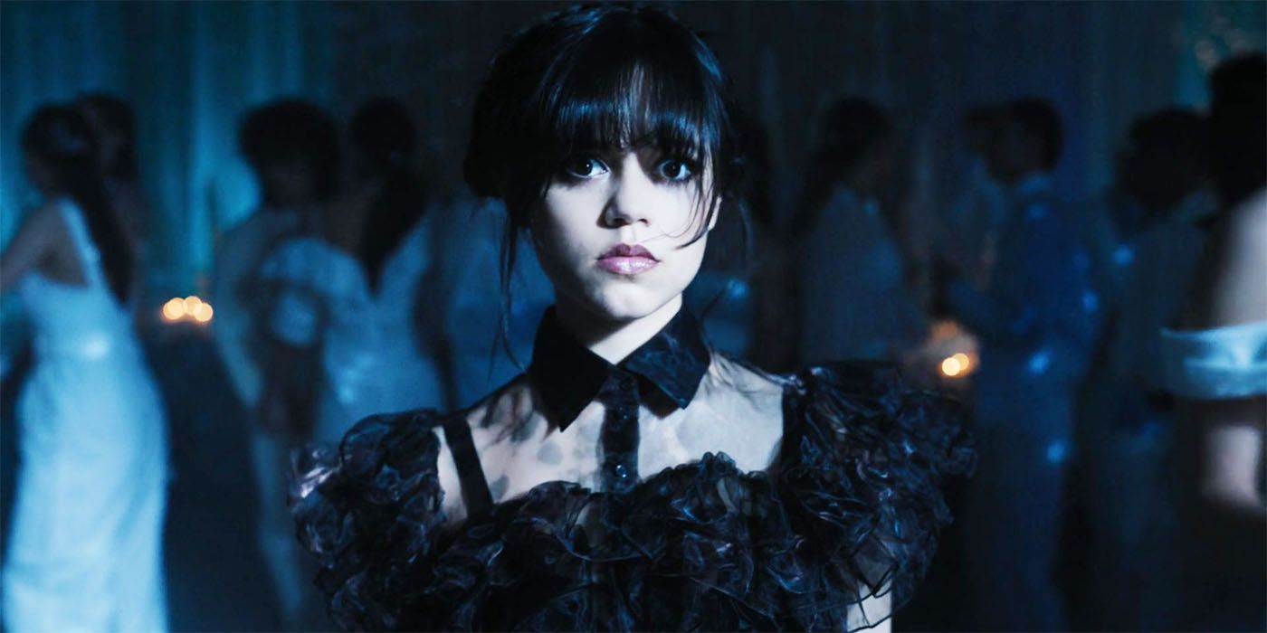 Jenna Ortega as Wednesday Addams in Wednesday episode four wearing black dress on dance floor