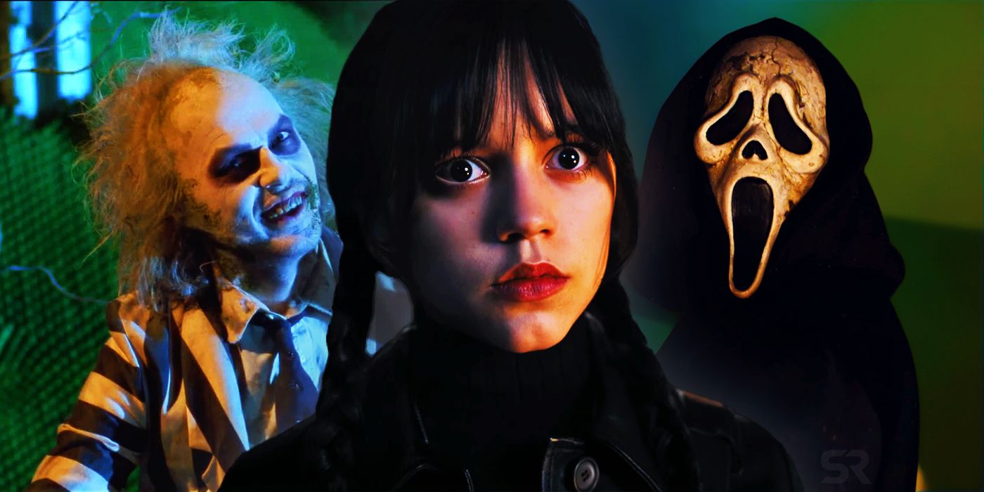 Michael Keaton como Beetlejuice, Jenna Ortega como Wednesday Addams y Ghostface de Scream 6
