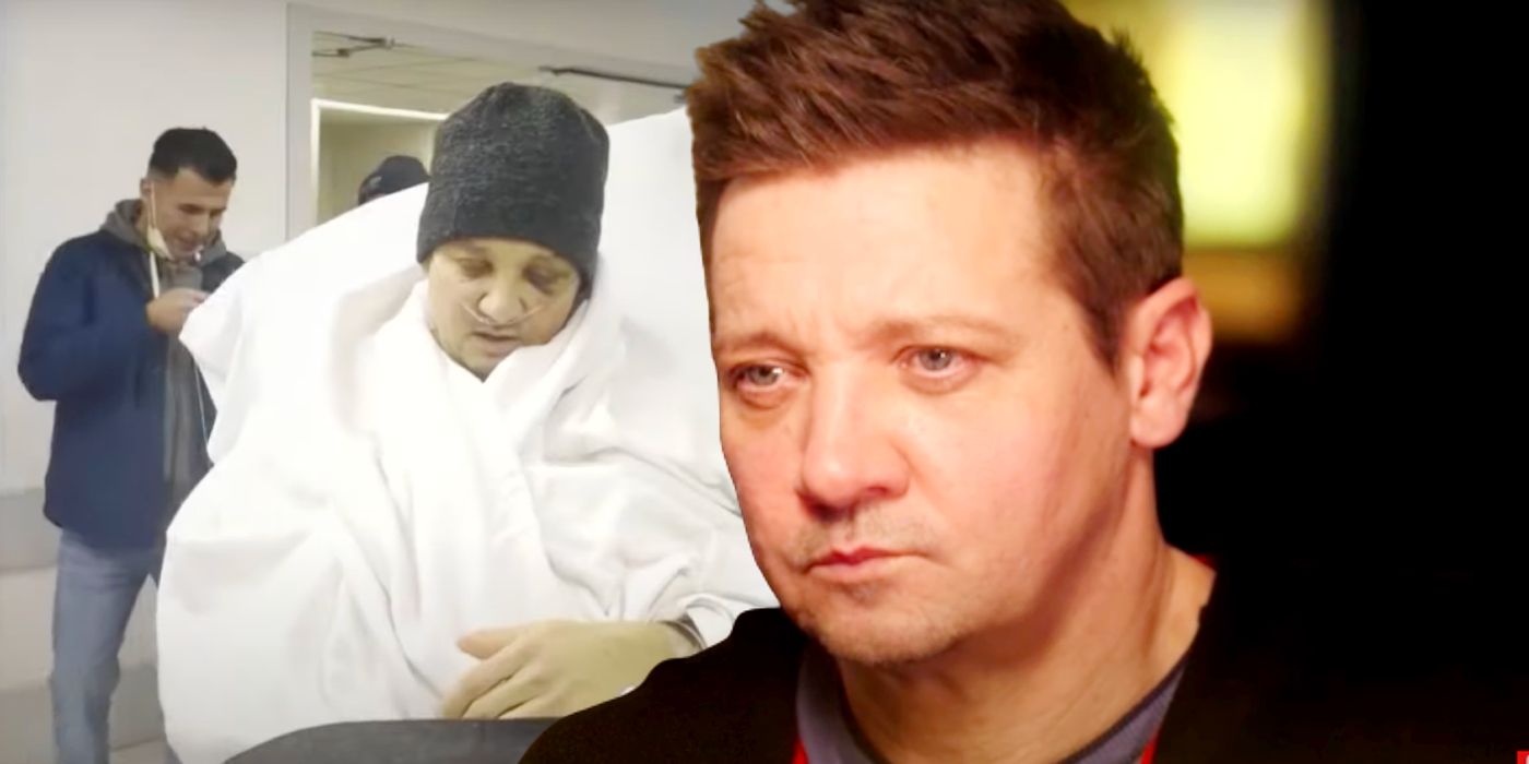 Custom image of Jeremy Renner in a hospital bed and in a Diane Sawyer interview.