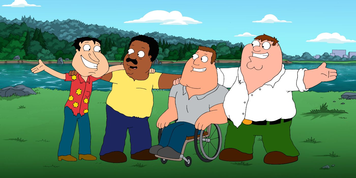 Joe Swanson, Peter Griffith et Cleveland sourient tous ensemble dans Family Guy