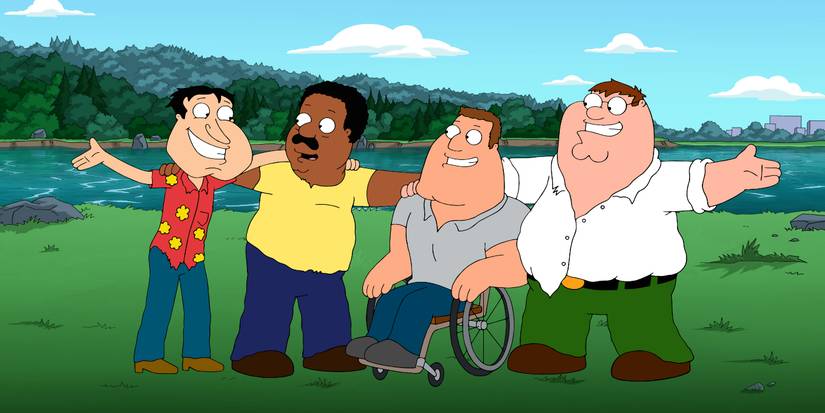 Quagmire, Joe Swanson, Peter Griffith and Cleveland all together smiling and looking disheveled in Family Guy