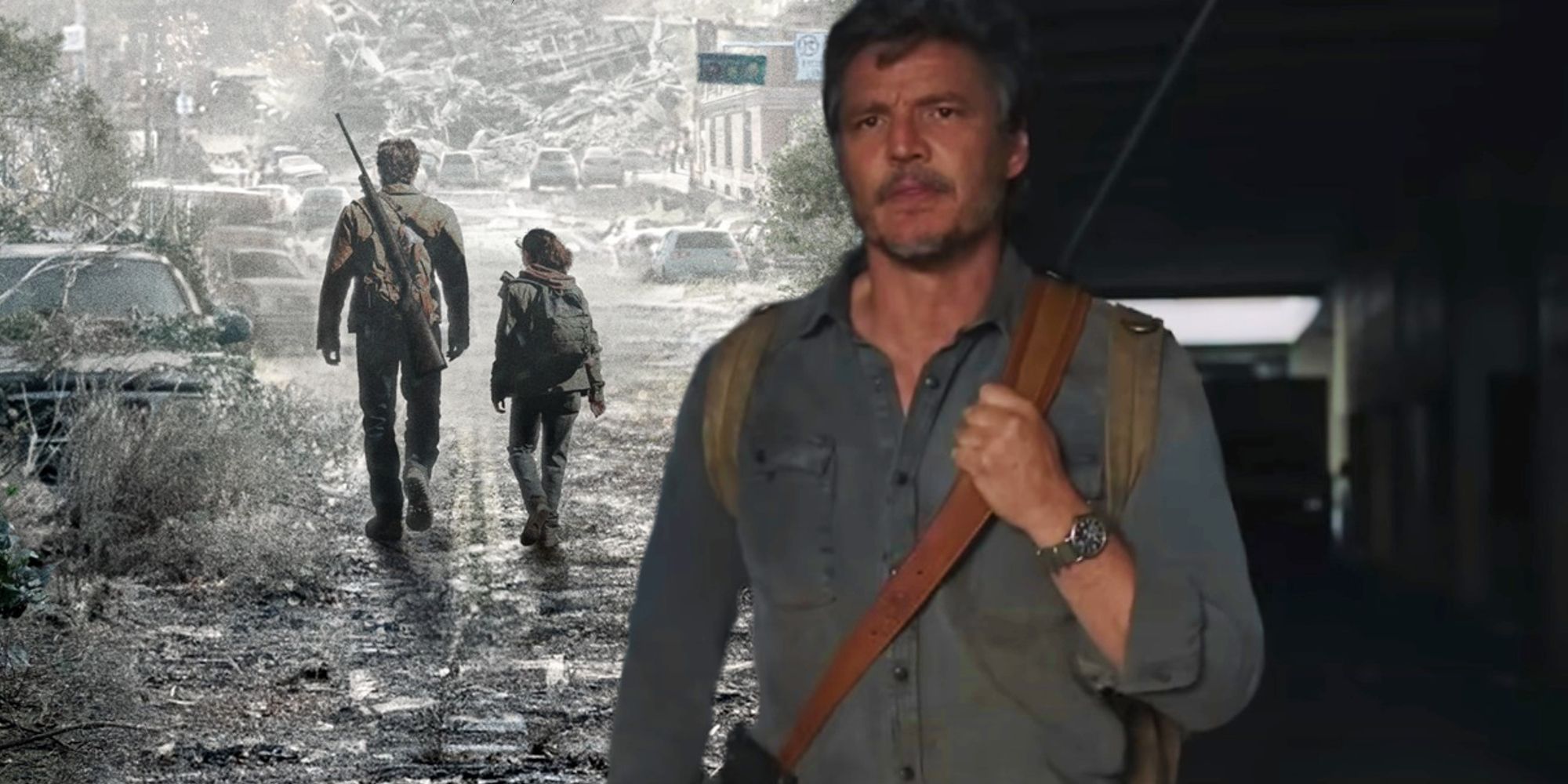 Joel walking through a tunnel in Last of Us episode 9 and an official poster for HBO's Last of Us