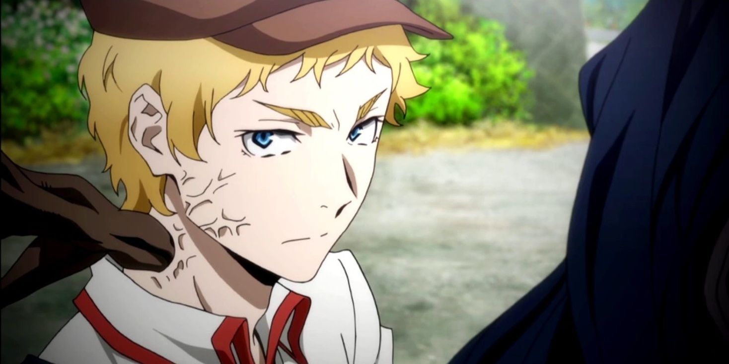 John Steinbeck glaring, with a thick vine sticking out of the side of his neck, in Bungou Stray Dogs.