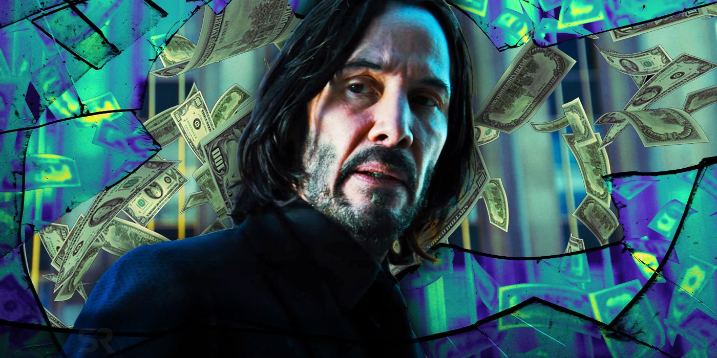 Keanu Reeves in John Wick: Chapter 4 with money floating behind him