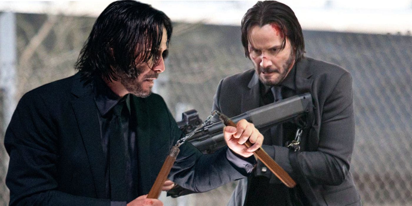 Blended images of John using nunchunks in Chapter 4 and John Wick holding a gun in Chapter 1