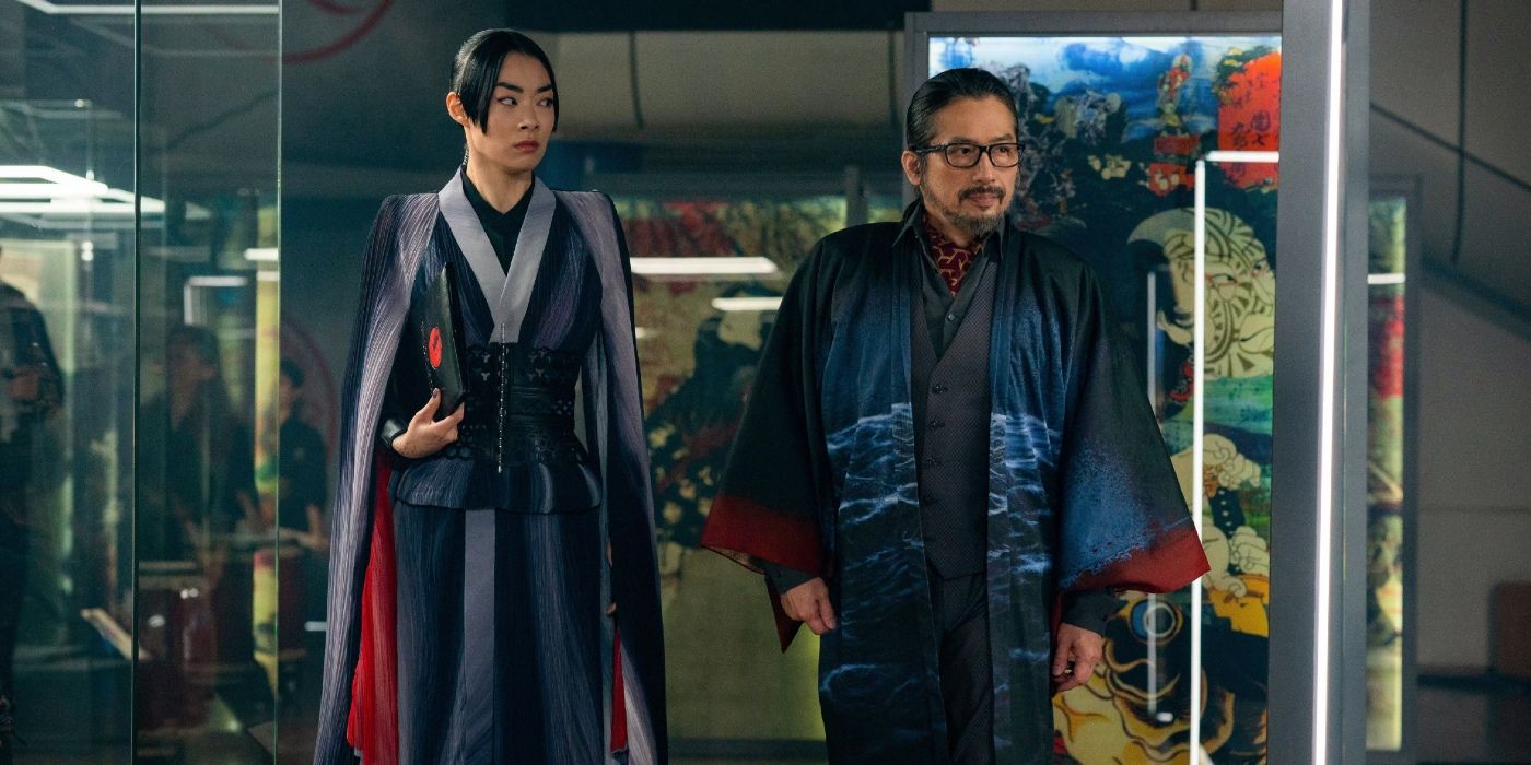 Rina Sawayama and Hiroyuki Sanada walking through an art gallery in John Wick: Chapter 4.