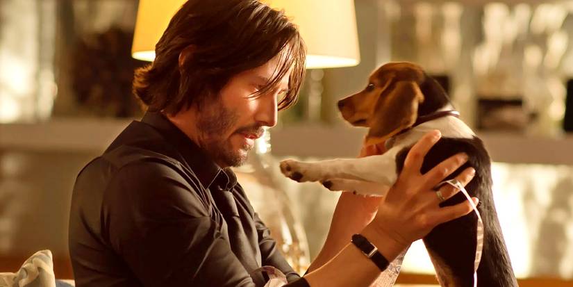 Keanu Reeves holding a puppy in John Wick.