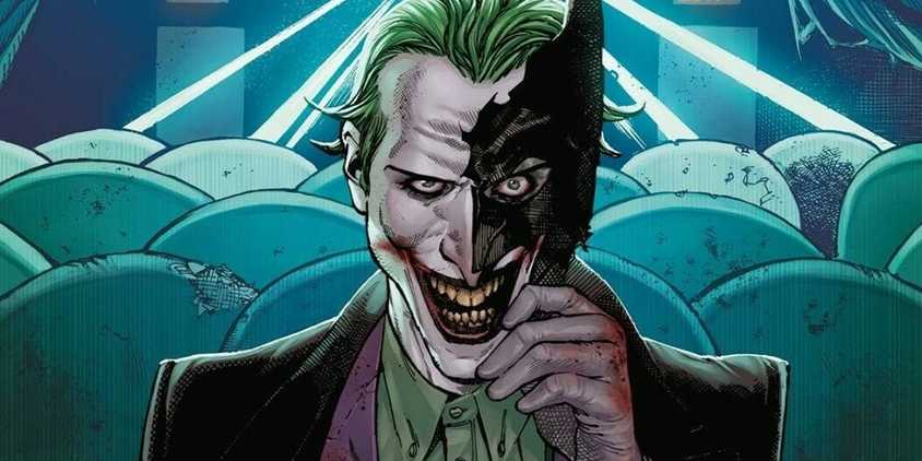 Comic book art: the Joker with Batman Mask over half his face