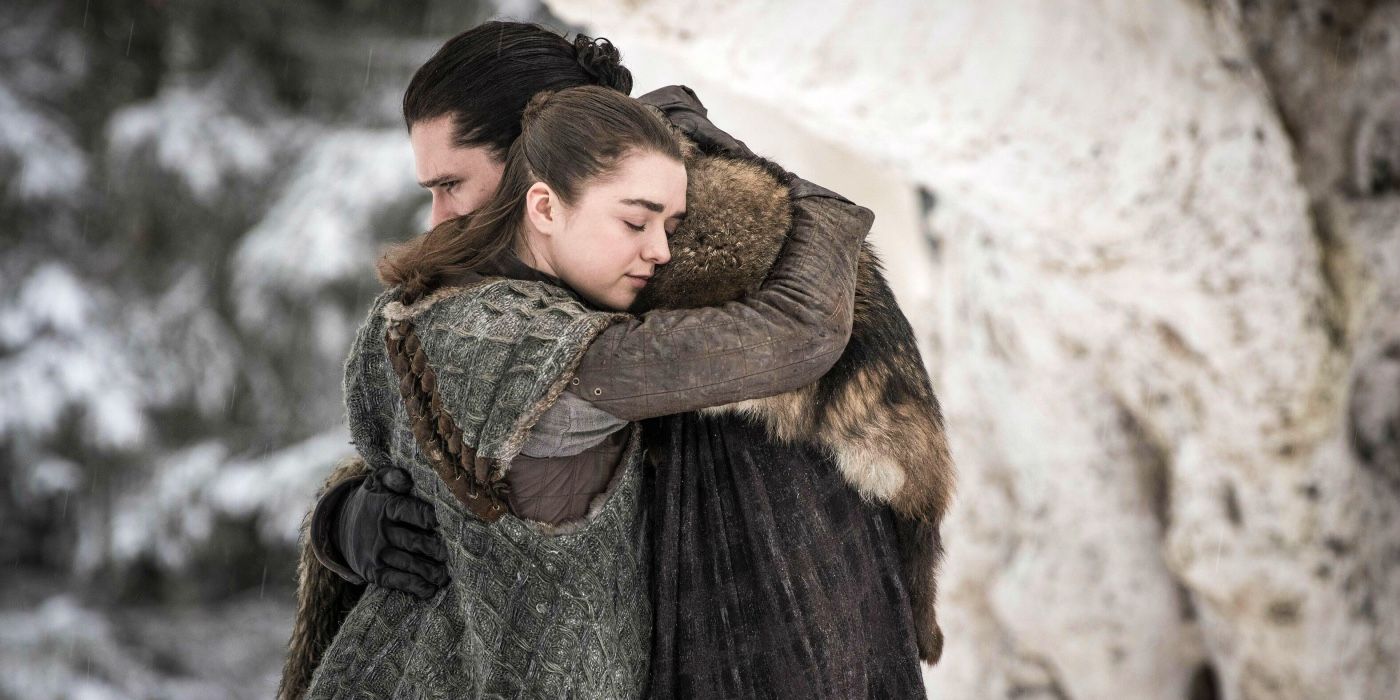 Jon and Arya hugging on Game of Thrones