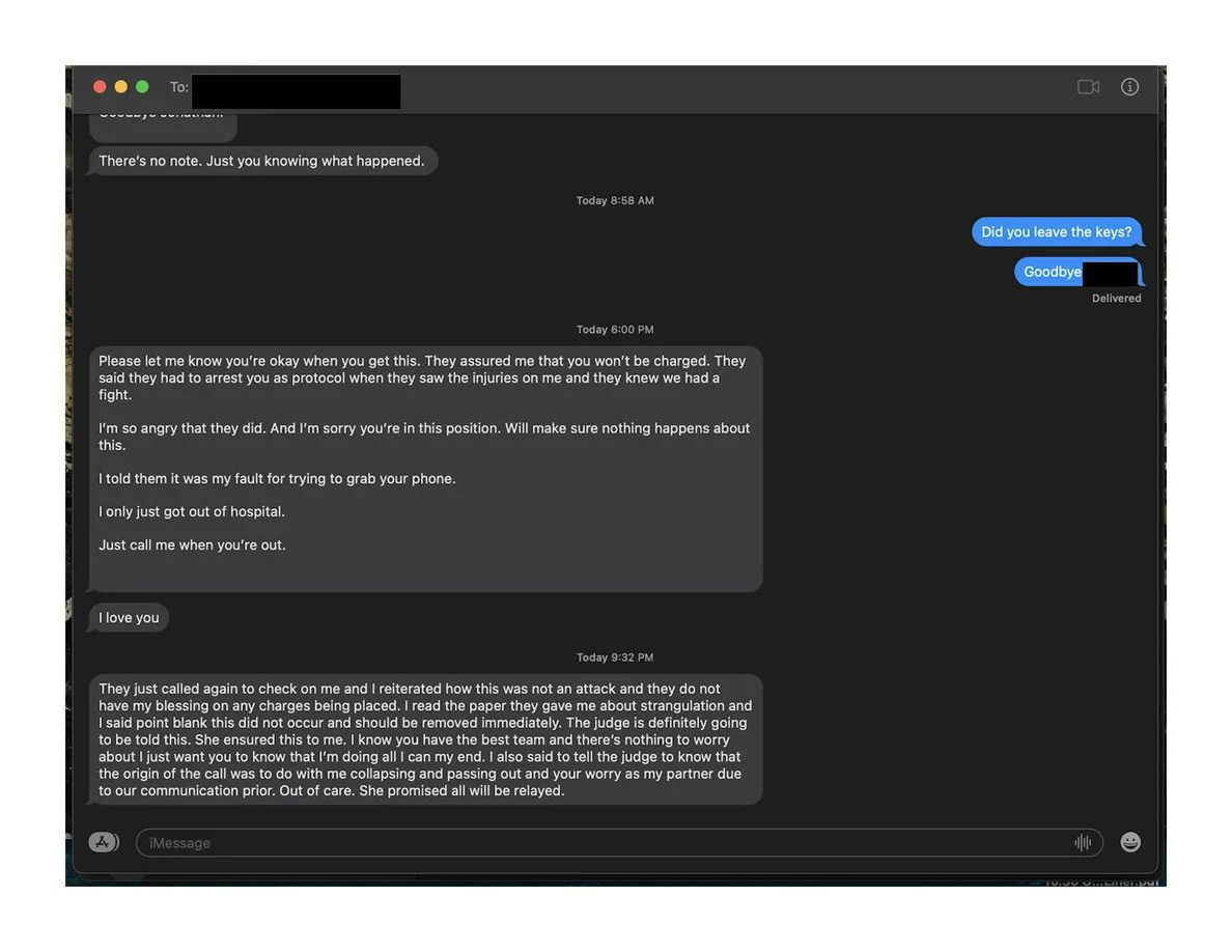 A screenshot of texts released by Jonathan Majors' attorney