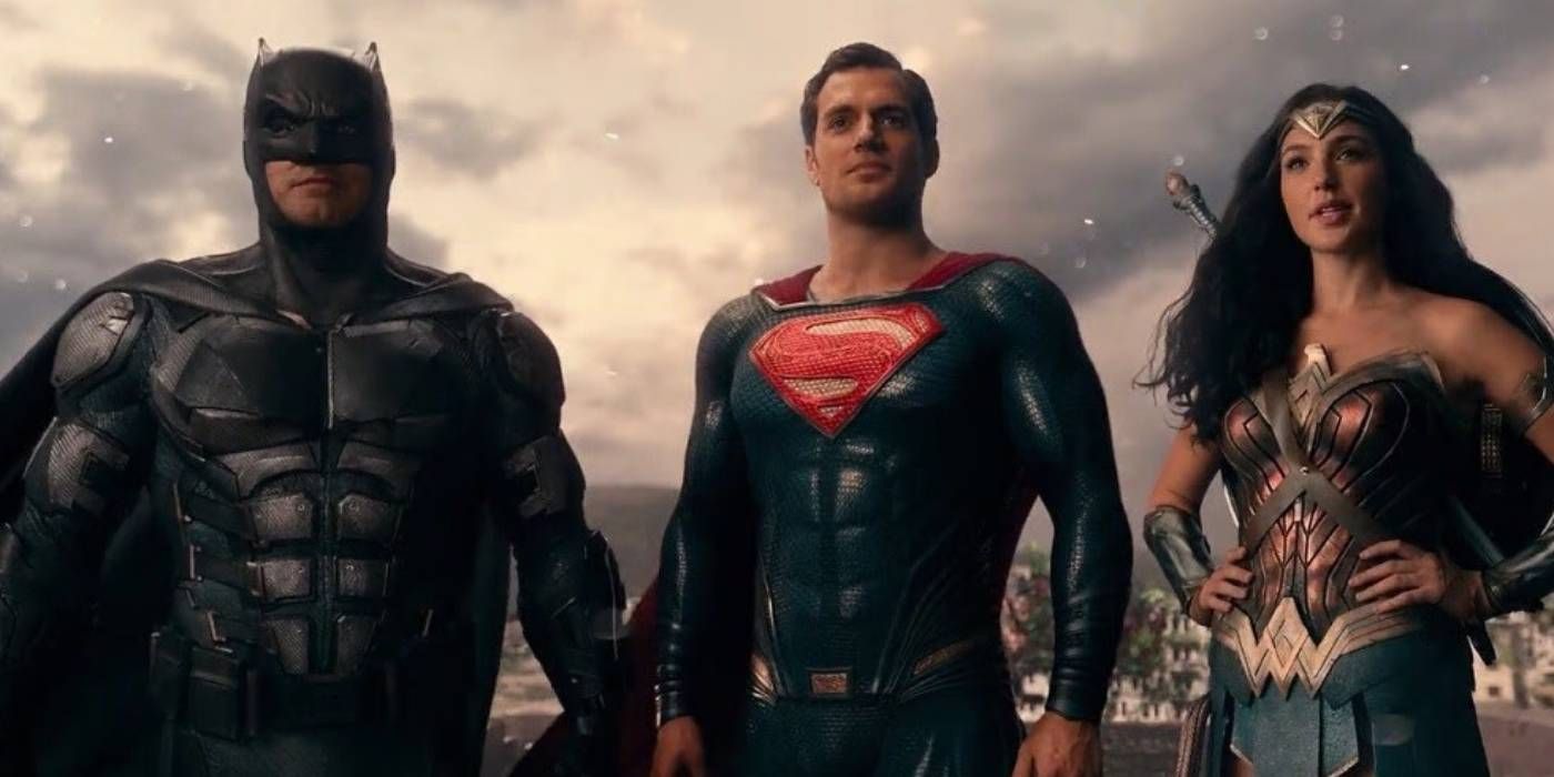 Batman, Superman, and Wonder Woman stand together in Justice League 2017