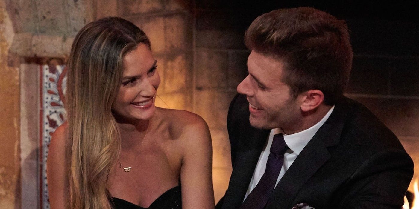Kat Izzo and Zach Shallcross on The Bachelor smiilng indoors