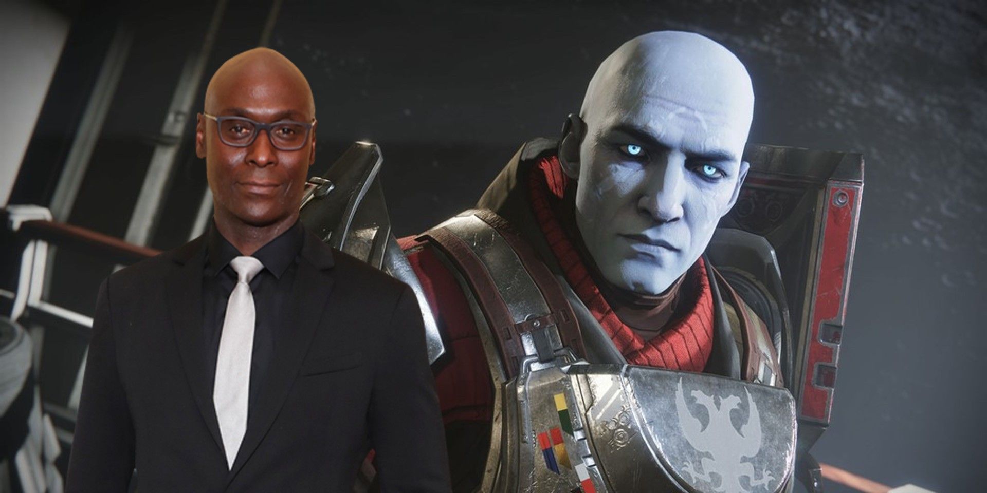Lance Reddick in suit and glasses smiling at camera put on top of a destiny 2 Zavala image