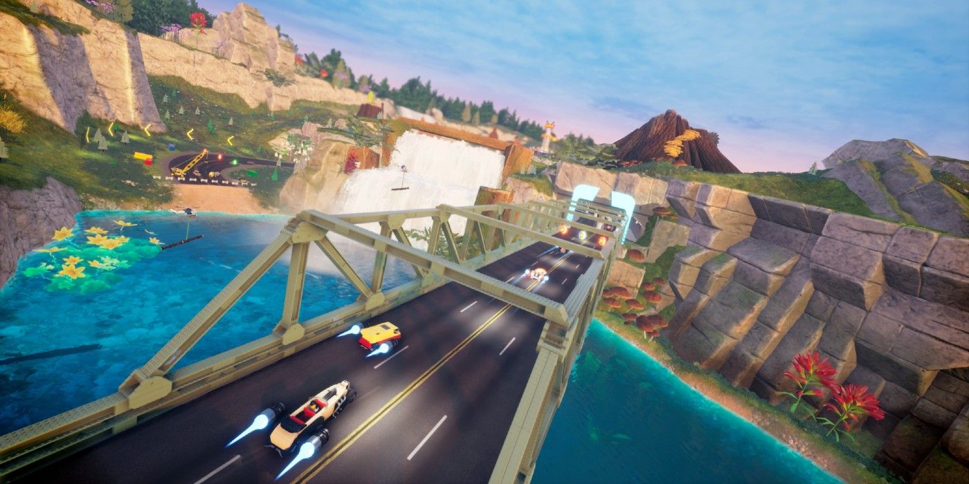 LEGO 2K Drive race going across a bridge.
