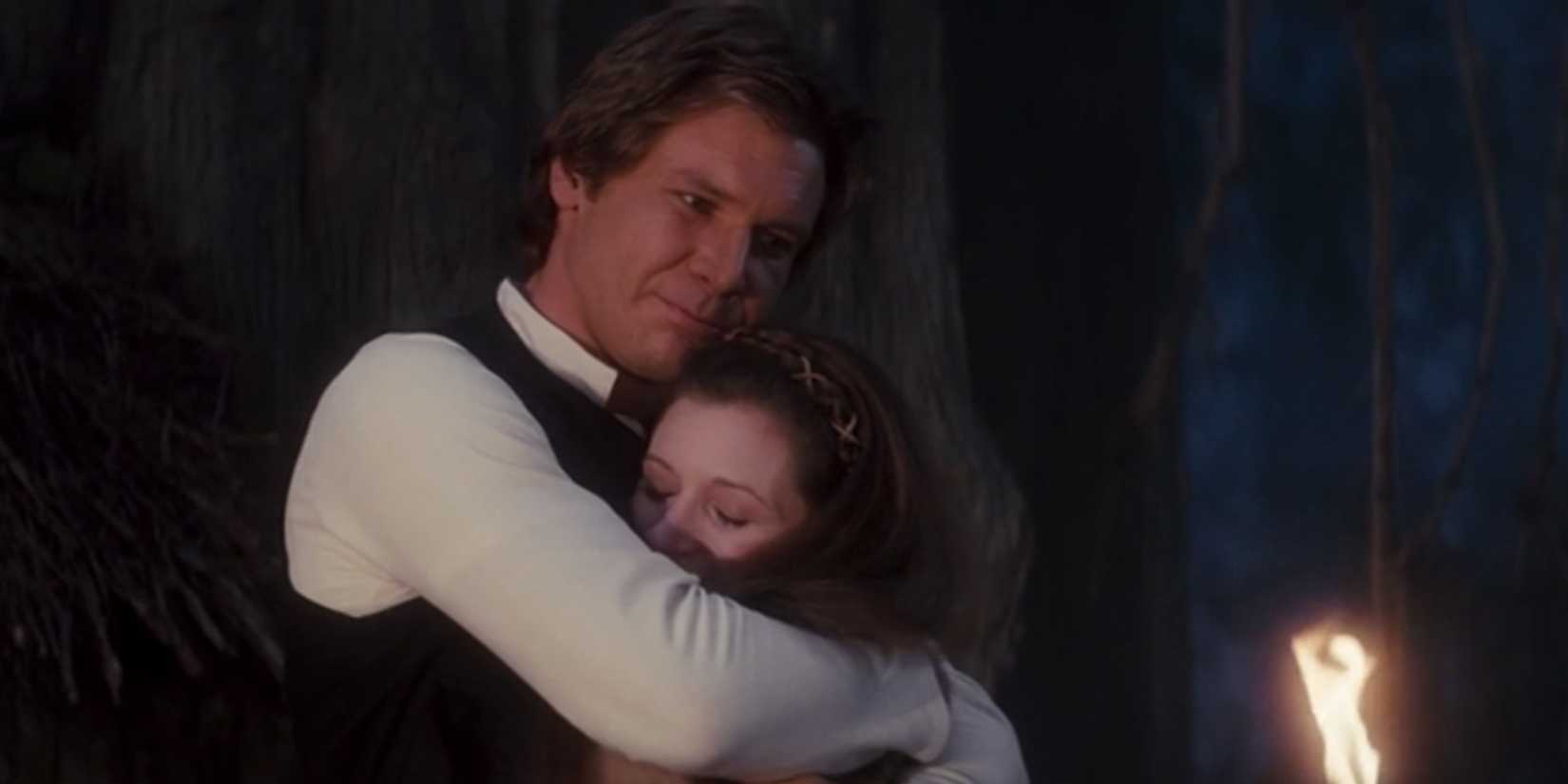 Han Solo and Princess Leia Organa hugging on Endor in Star Wars: Episode VI - Return of the Jedi.
