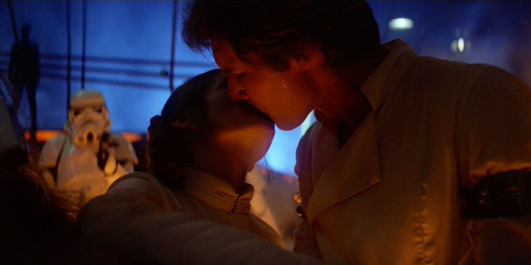 Leia kisses Han in The Empire Strikes Back