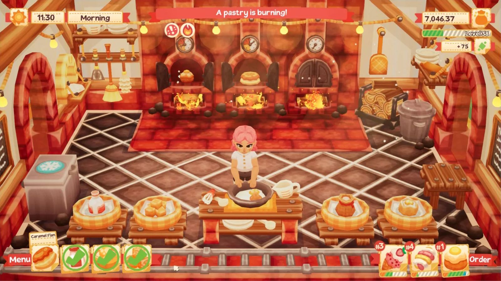 A player character is in the kitchen in Lemon Cake making pastrys while food is in the ovens behind her