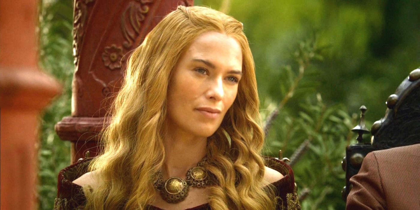 Lena Headey as Cersei in Game of Thrones in a garden having a conversation