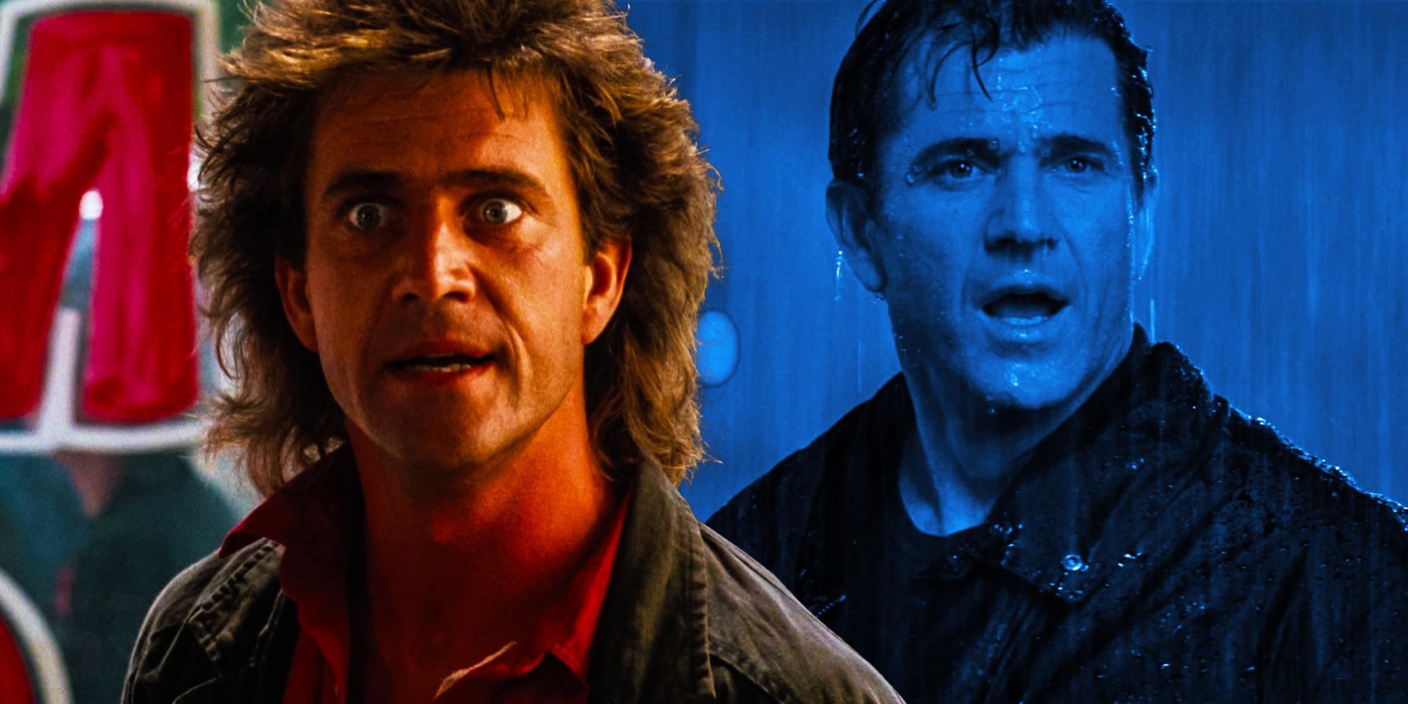 A composite image of Mel Gibson as Riggs in Lethal weapon and in Lethal Weapon 4 