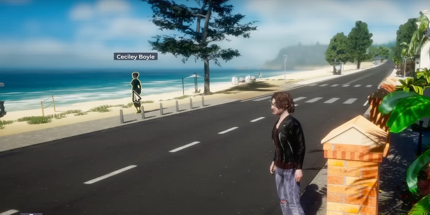 Uma captura de tela do trailer mostrando a funcionalidade de troca de personagens clicando em Life by You.  A câmera está perto de um personagem, com o cursor do mouse pairando e destacando outro do outro lado da rua.