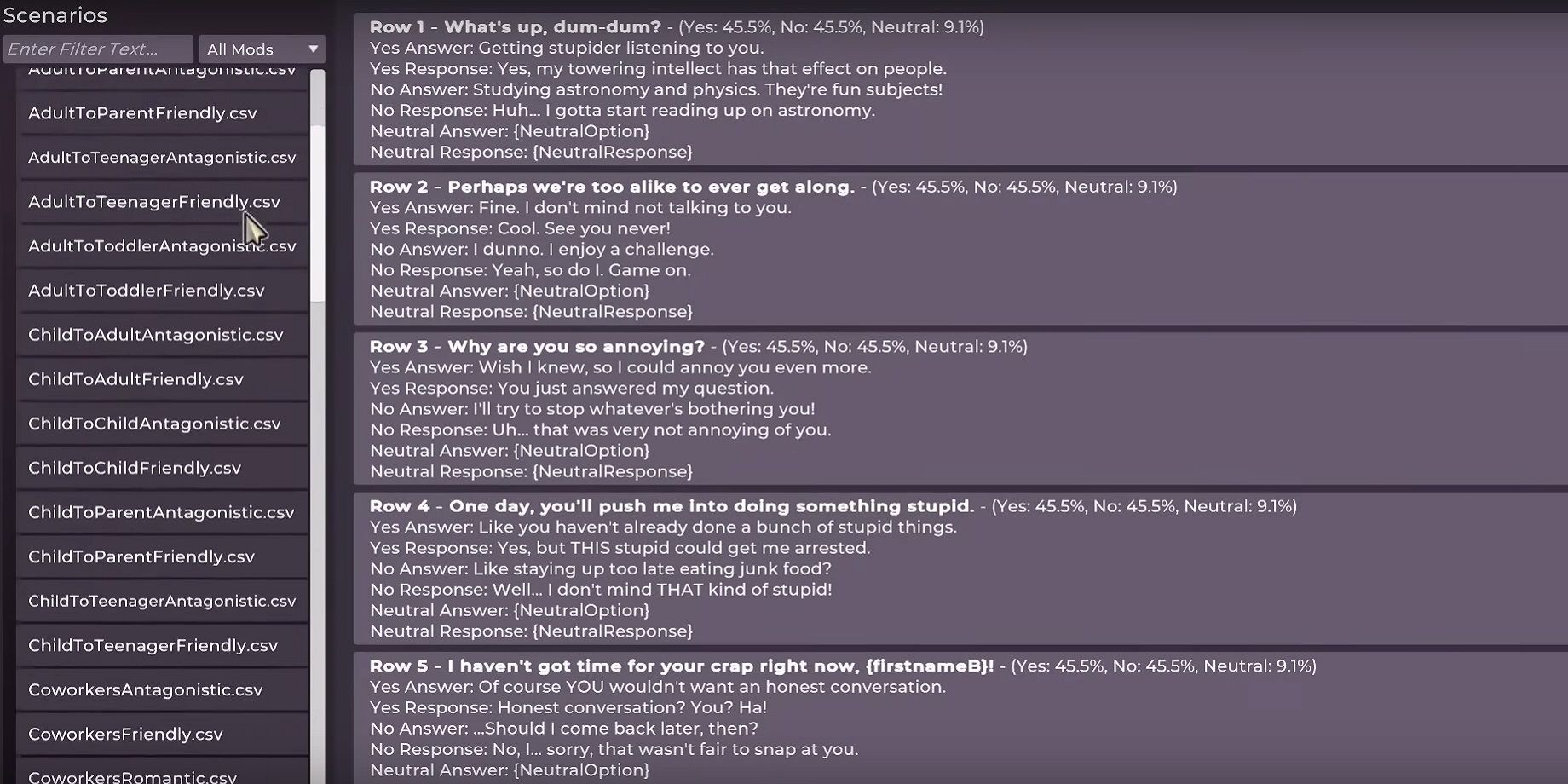 Sets of dialogue for different situations in Life by You
