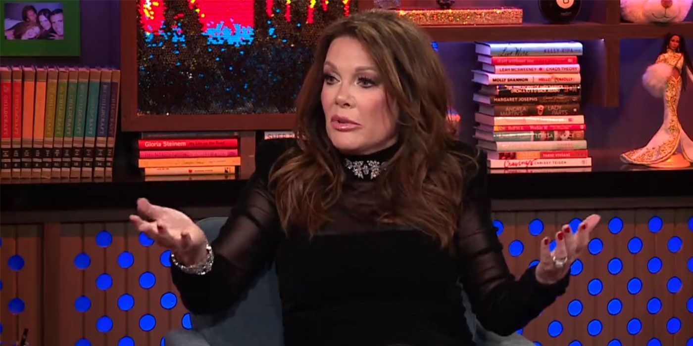 Vanderpump Rules' Lisa Vanderpump on WWHL talking about scandoval in a black top