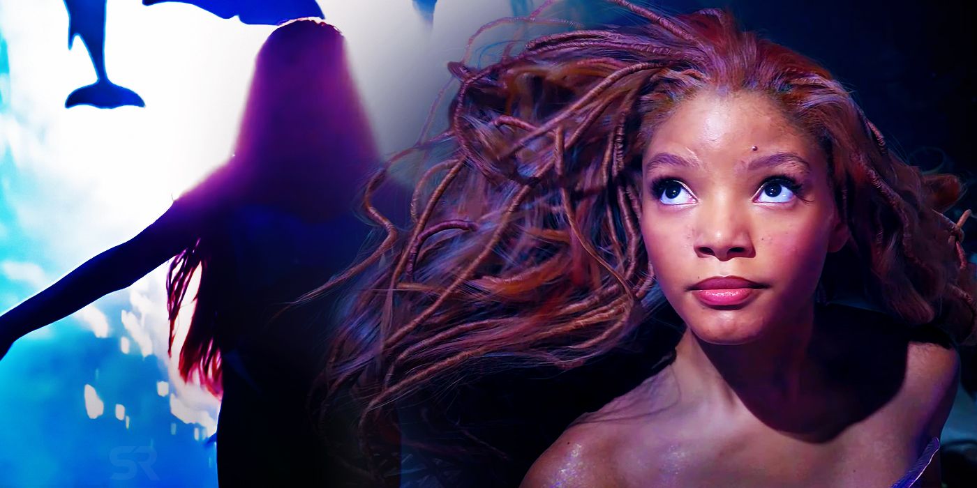 A blended image features images of Halle Bailey in Disney's live-action The Little Mermaid