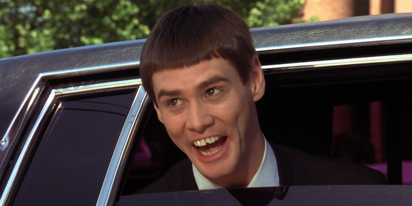 Lloyd (Jim Carrey) sticking his head out of a limosine window in Dumb & Dumber.