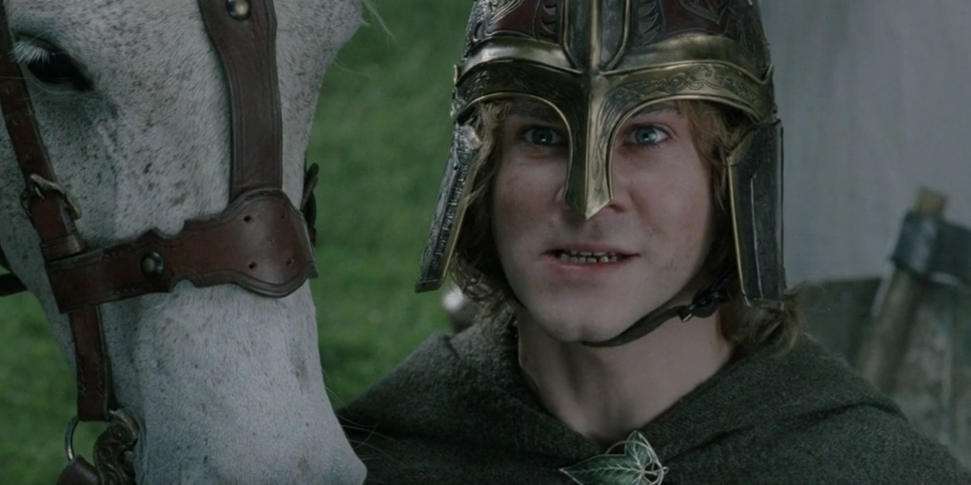Merry wearing a helmet in Lord of the Rings