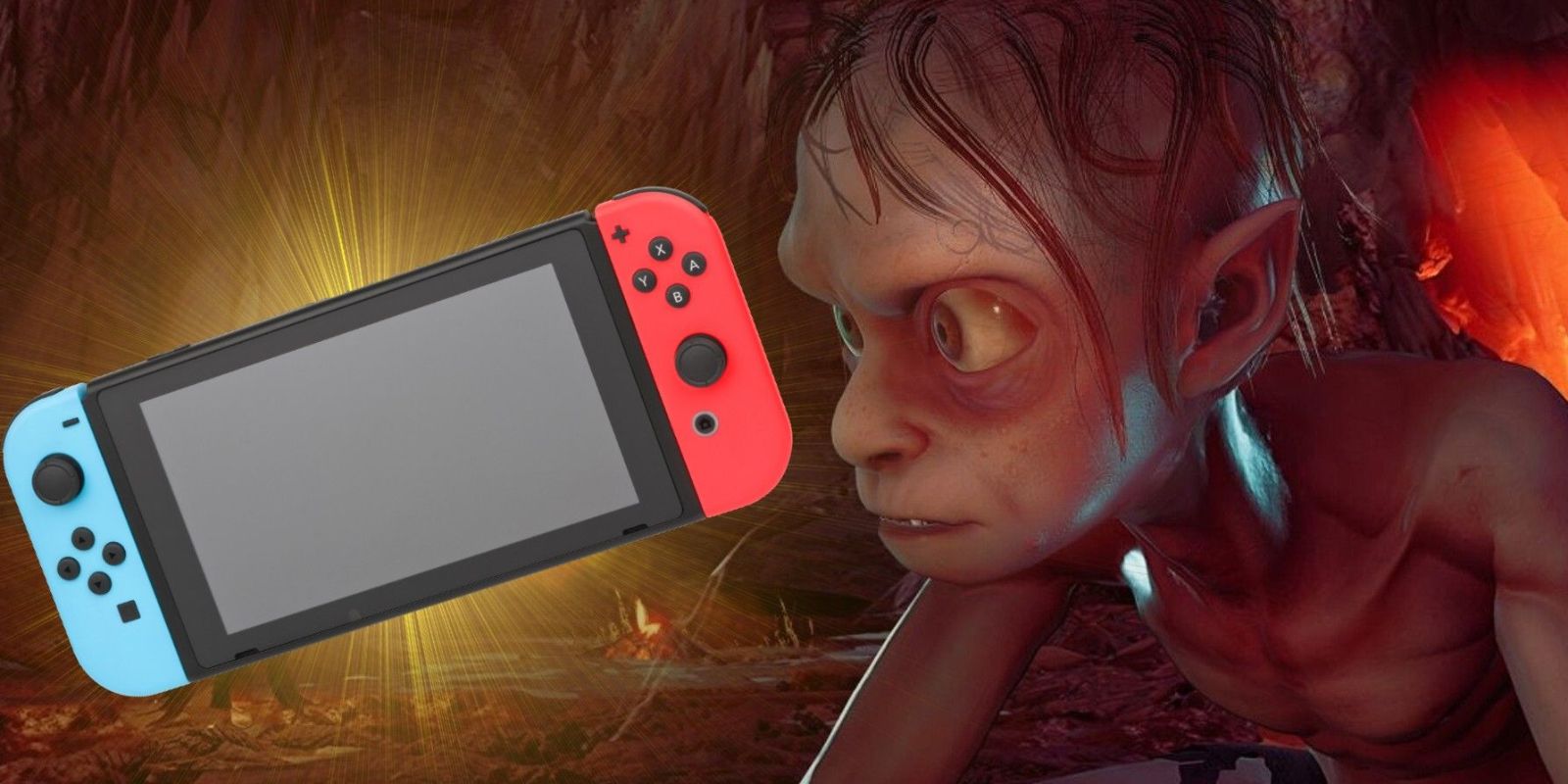 An image of Gollum looking at something off-screen in The Lord of the Rings: Gollum. Superimposed in his line of sight, on the left, is an image of a Nintendo Switch, with a yellow backlight highlighting it.