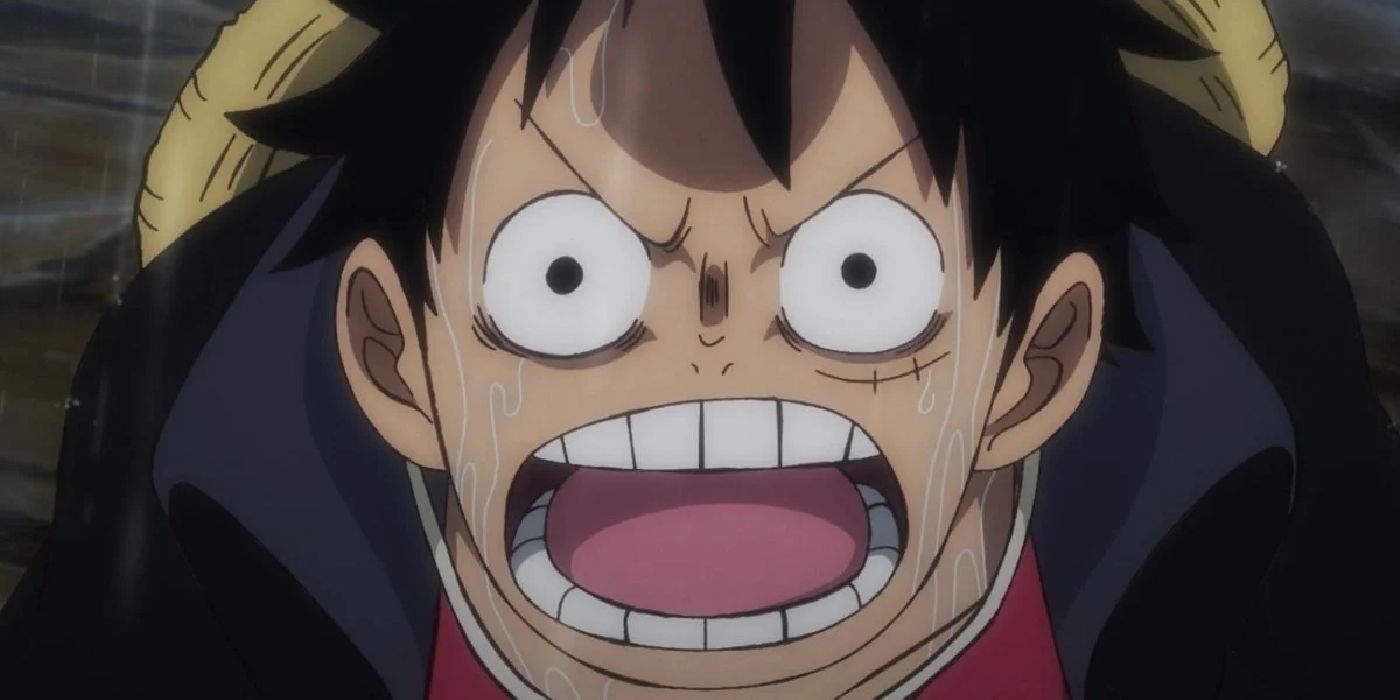 One Piece's Luffy is incredibly surprised by something.