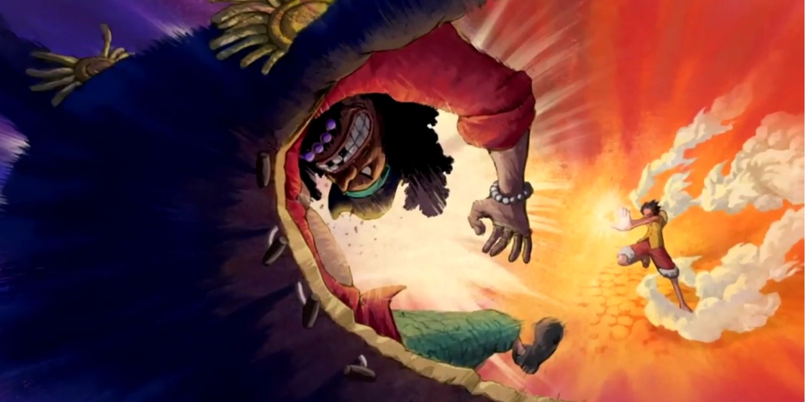An image from One Piece's anime of Luffy using a 2nd Gear attack against Blackbeard who seems very hurt by the attack.