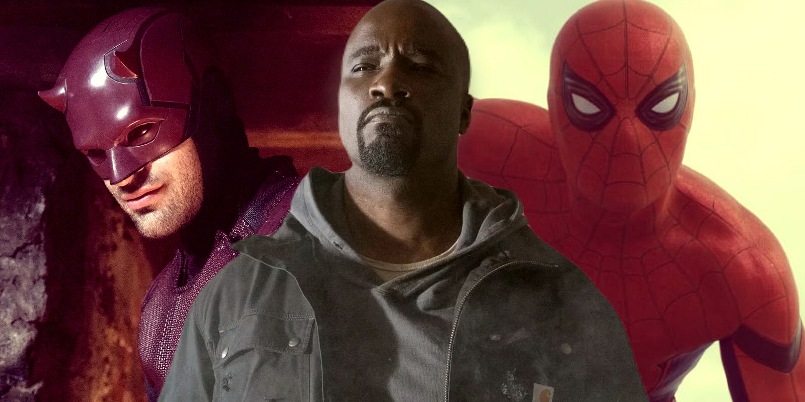 Split image of Daredevil (Charlie Cox) fully suited up, Luke Cage (Mike Colter), and Spider-Man (Tom Holland)