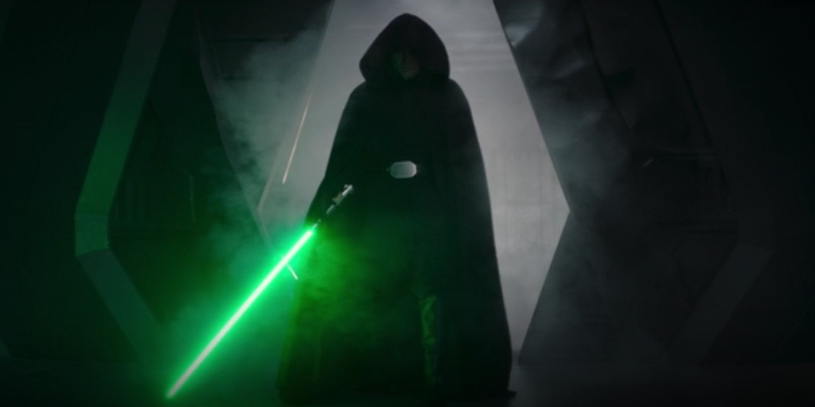 An image of Luke Skywalker holding a lightsaber in The Mandalorian