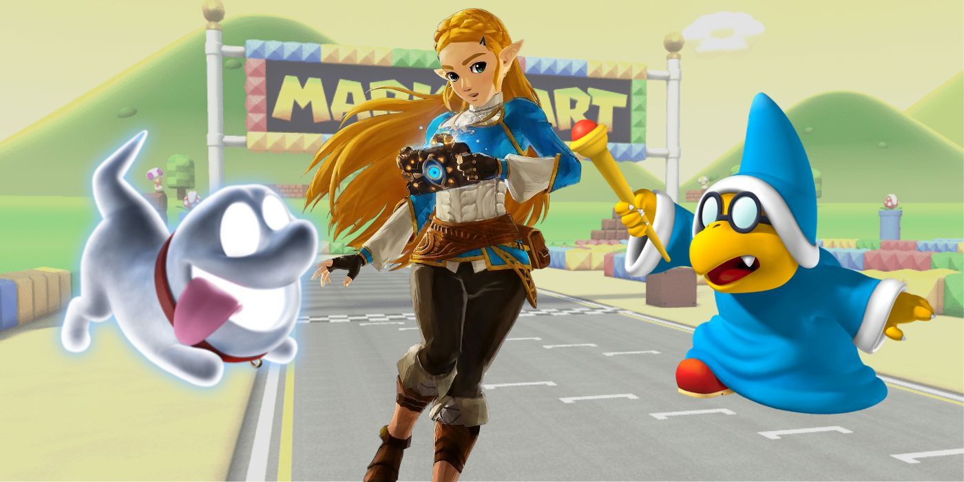 Mario Kart Characters We Want, image of a mario kart track with Polterpup, Princess Zelda, and Kamek superimposed on it 