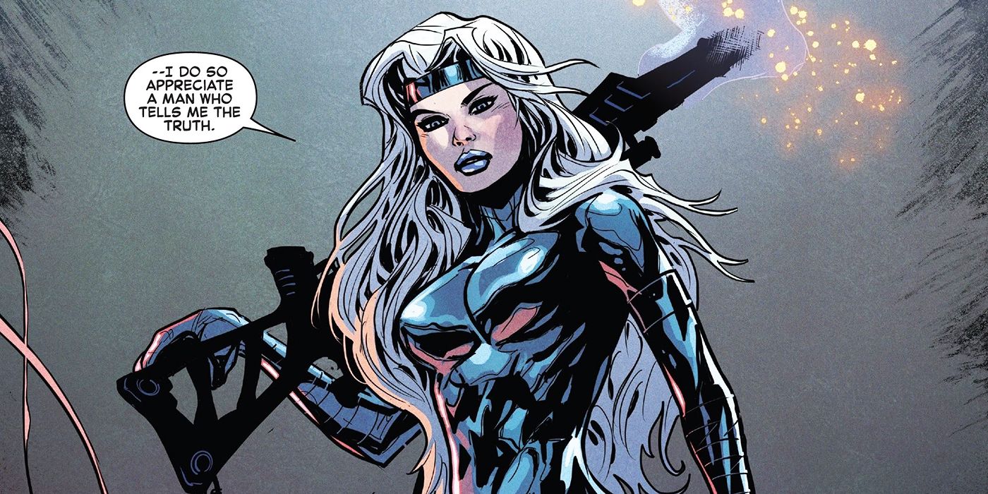 Silver Sable with a large rifle slung over her shoulder.