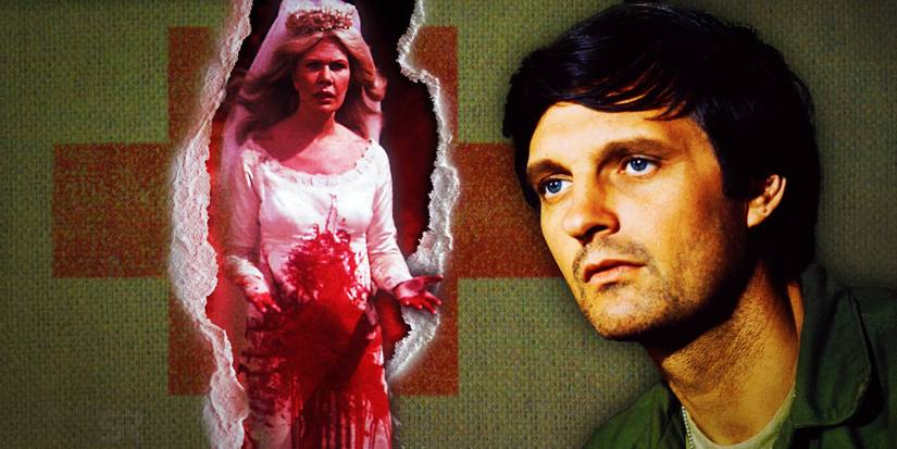 Alan Alda as Hawkeye looking shocked and Margaret (Loretta Swit) in a bloody wedding dress in MASH season 8's "Dreams."