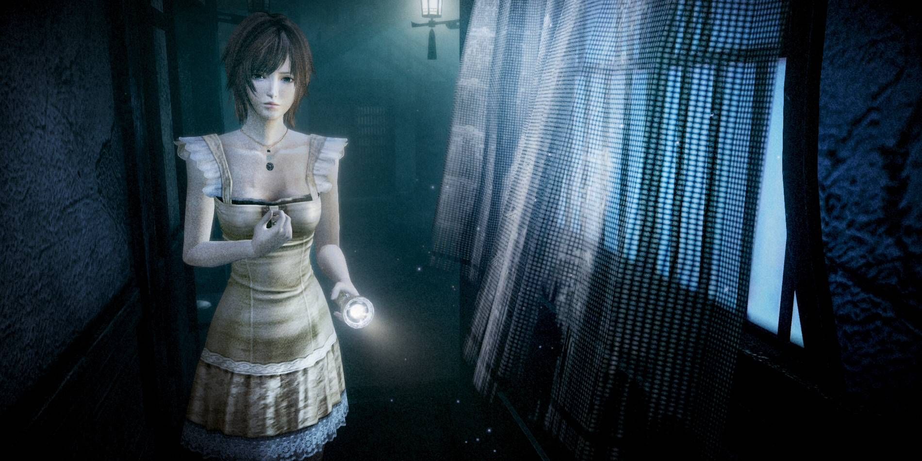 Fatal Frame: Mask of the Lunar Eclipse One of Four Selectable Characters Exploring a Clearly Haunted Location