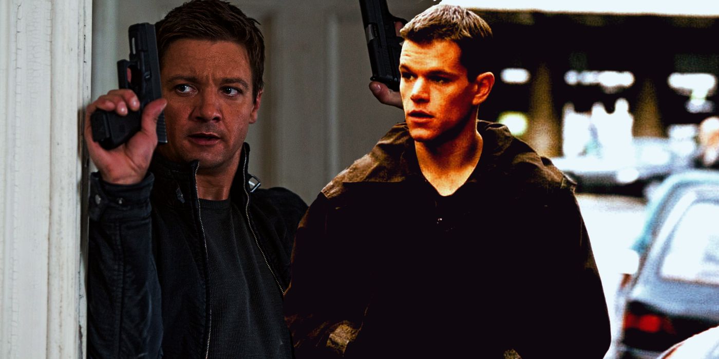 A collage image of Matt Damon and Jeremy Renner in the Bourne Franchise