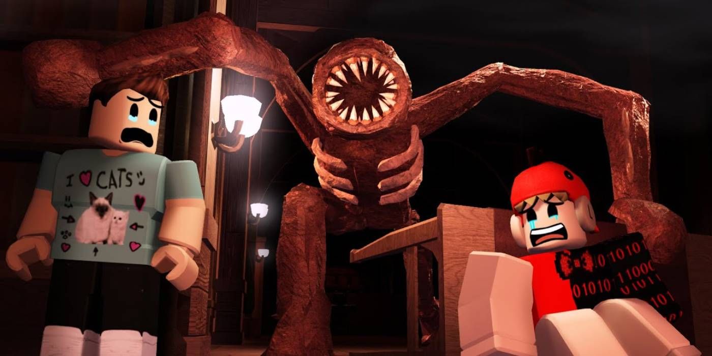 Roblox: DOORS Rogue-like Game Promotional Image with Large Monster after Two Players