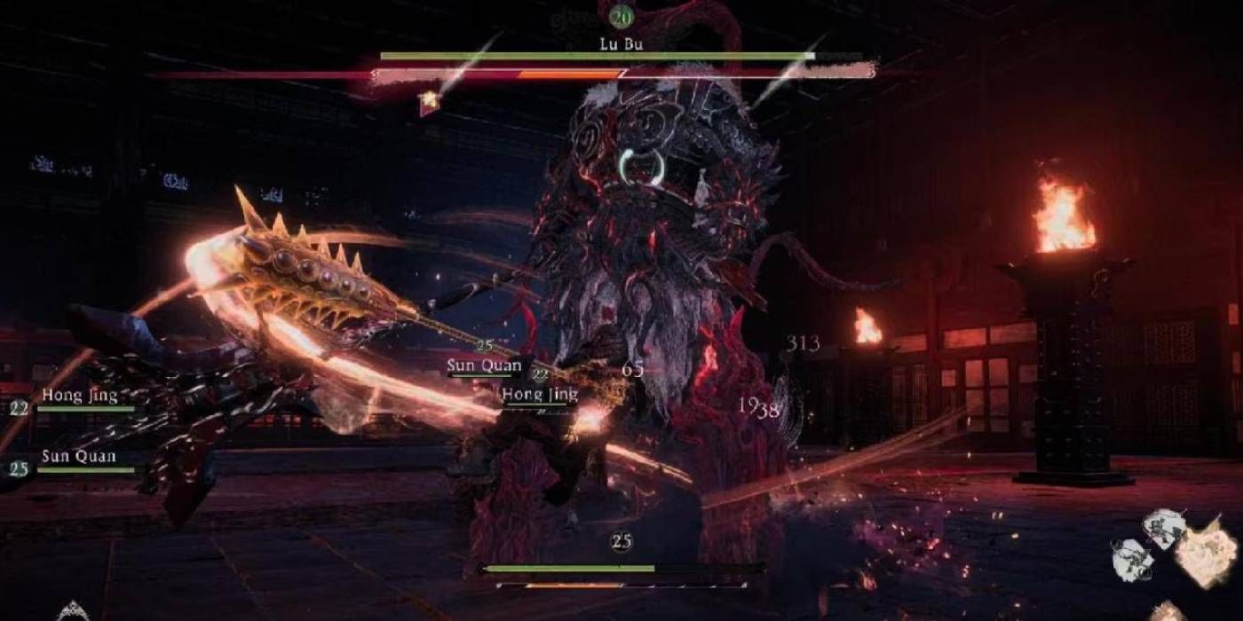 Wo Long: Fallen Dynasty Demon Lu Bu Boss Fight con múltiples compañeros u otros jugadores en línea que ayudan en la batalla