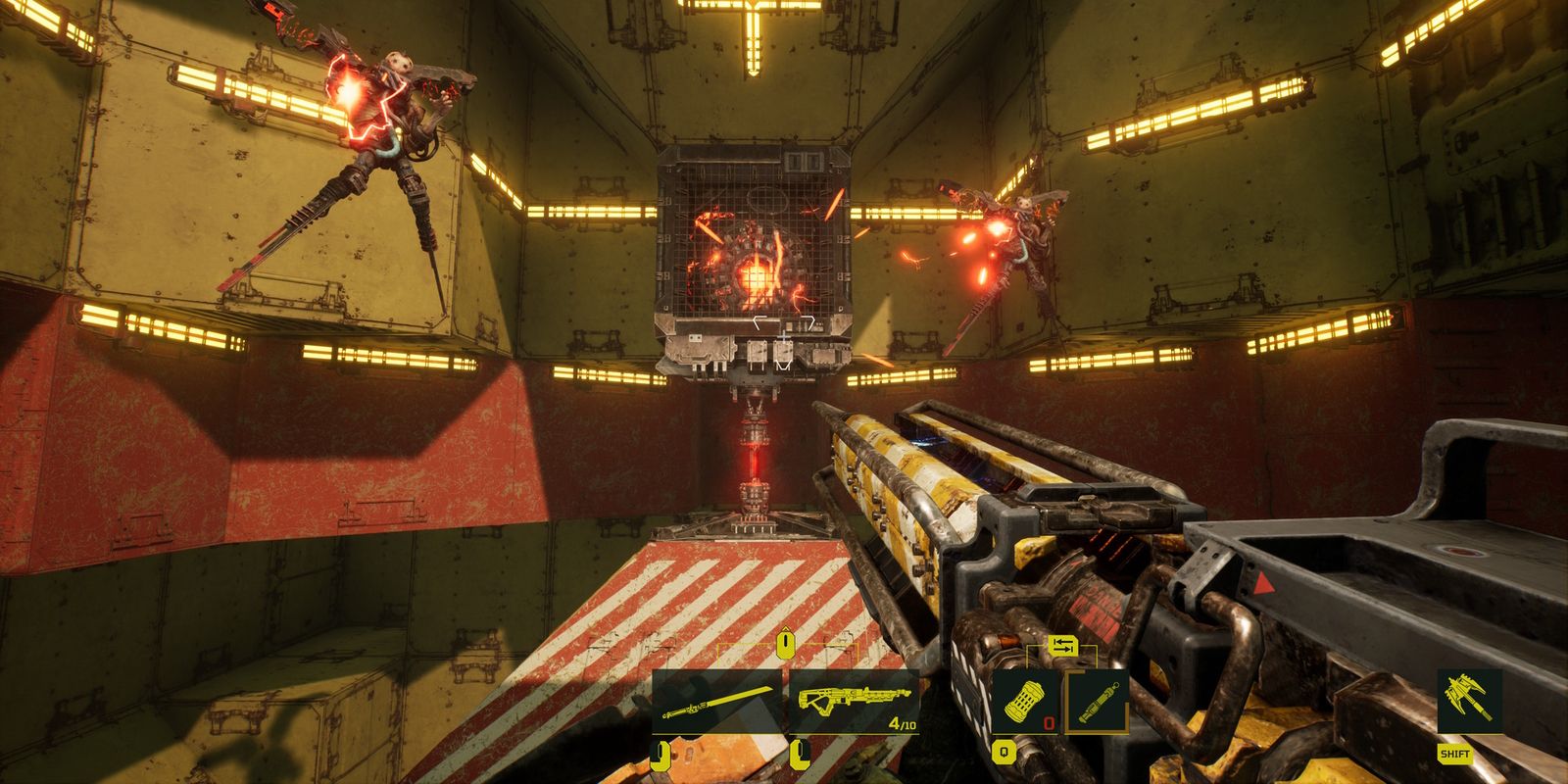 Meet Your Maker video game, with a first person perspective of the player holding a machine gun aiming at monsters with glowing red energy.