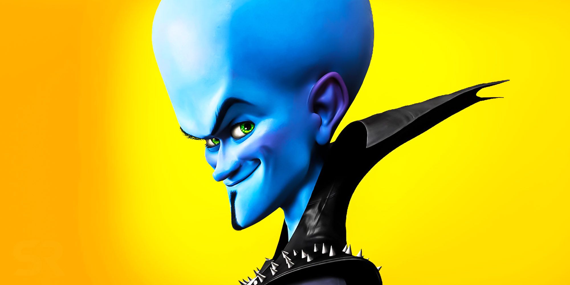 Megamind smiling at the camera with a yellow background