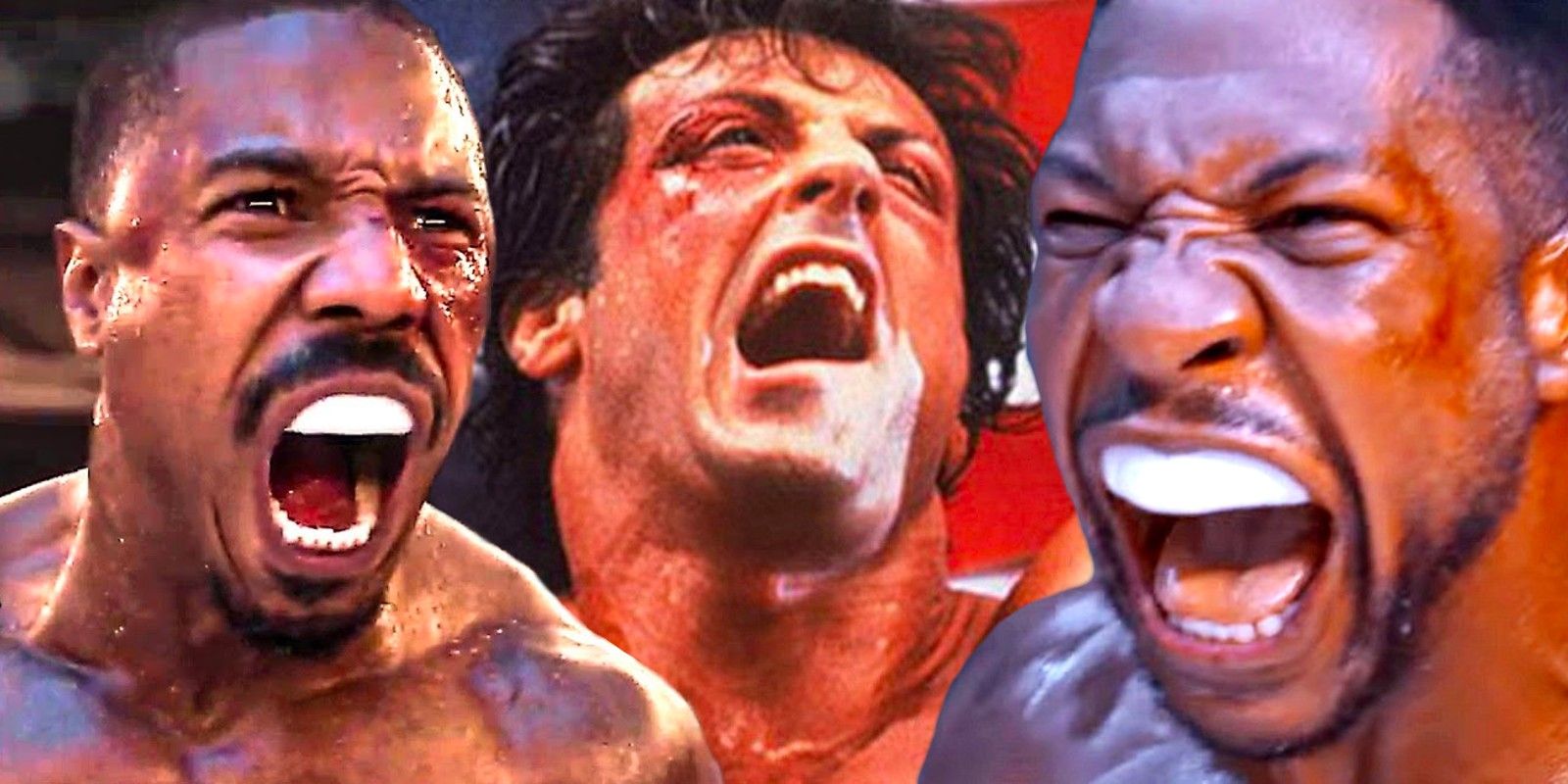 Michael B Jordan as Adonis Creed, Sylvester Stallone as Rocky Balboa and Jonathan Majors Damian Anderson in Creed 3