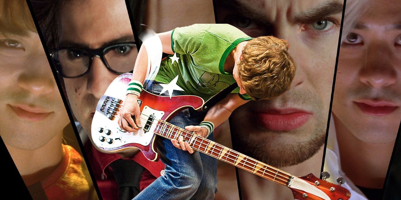 Michael Cera as Scott Pilgrim Playing Guitar in Front of the Evil Exes