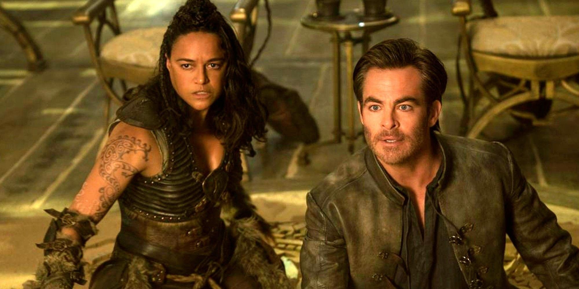 Michelle Rodriguez and Chris Pine as Holga and Edgin looking concerned in Dungeons and Dragons Honor Among Thieves
