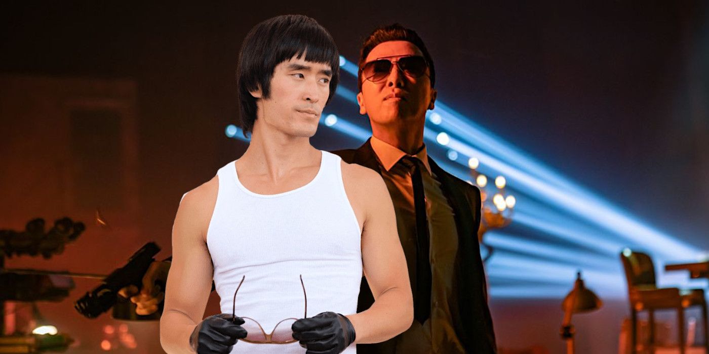 Mike Moh as Bruce Lee in Once Upon a Time In Hollywood in a white tank top and black gloves holding sunglasses and Donny Yen as Caine in John Wick 4 wearing sunglasses and firing a gun in a darkened room